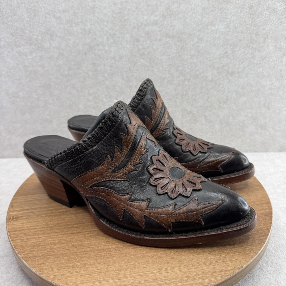 Allens Shoes‎ Womens 8 Black Leather Western Mule Block Heel Pointed Toe Floral